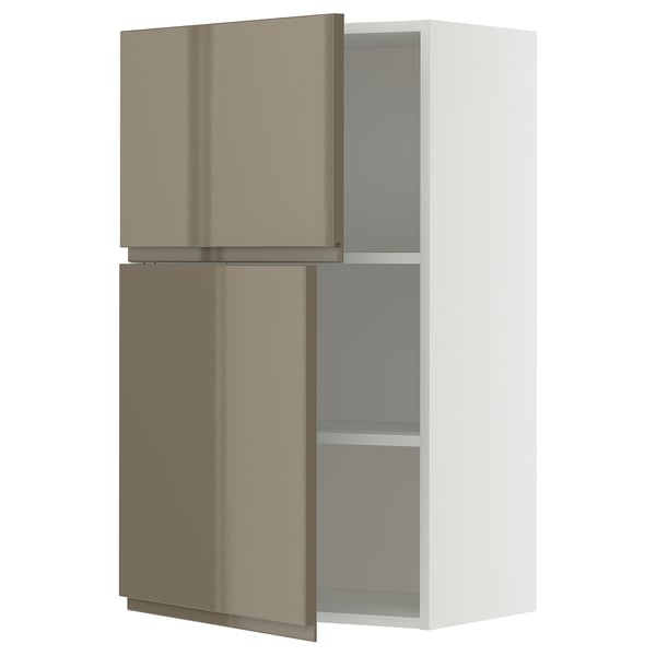 METOD Wall cabinet with shelves/2 doors, white/Voxtorp high-gloss dark grey-brown, 60x100 cm