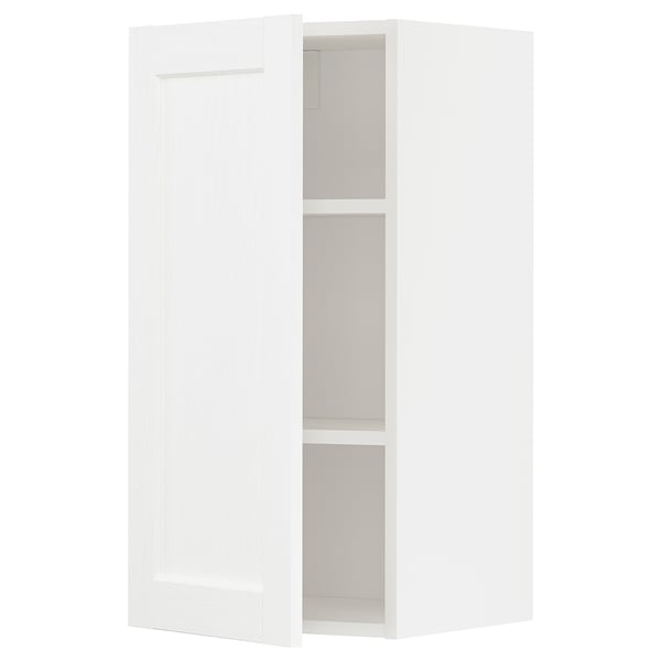 This image shows a white, tall kitchen cabinet with a single door and two shelves inside. It has a sleek, modern design.