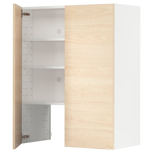 A modern kitchen cabinet. It is light wood coloured with white shelves. It has a minimalist design with adjustable shelves.