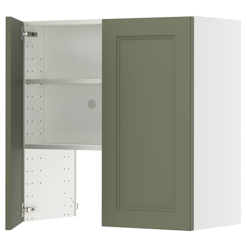 Green cabinet with one door open, revealing adjustable shelves.