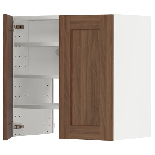 A wooden cabinet from the METOD kitchen system, featuring walnut-colored foil with an adjustable shelf and a 25-year guarantee.
