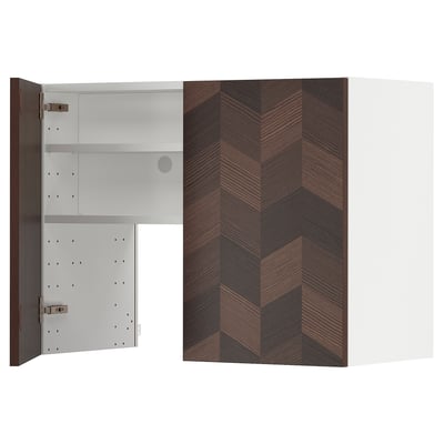 METOD Wall cb f extr hood w shlf/door, white Hasslarp/brown patterned, 80x60 cm