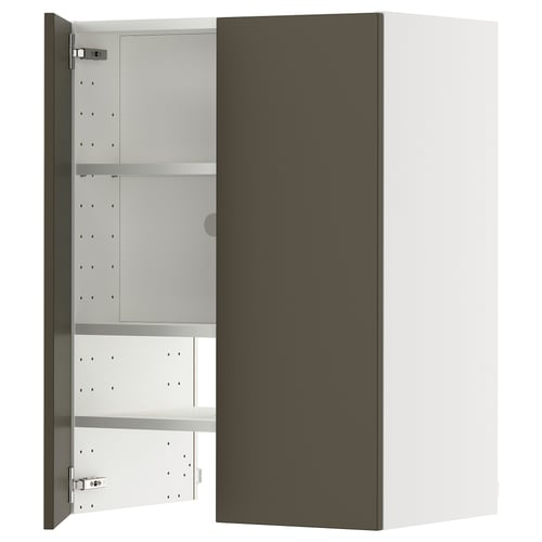 A METOD kitchen cabinet with a dark brown and beige design, featuring an adjustable shelf and snap-on hinges.