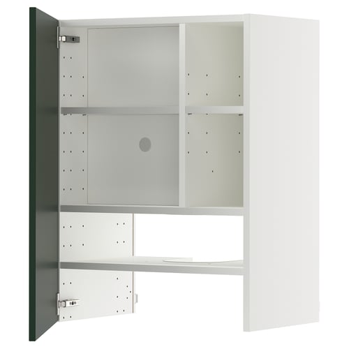 Open white METOD cabinet with adjustable shelves.