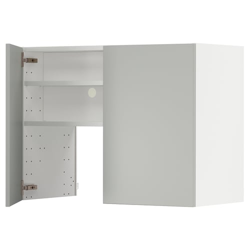 Modern light grey METOD kitchen cabinet with sleek design and clean shape, featuring a mirrored door and integrated led lights.