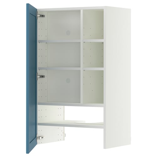 METOD Wall cb f extr hood w shlf/door, white/Lerhyttan blue, 60x100 cm