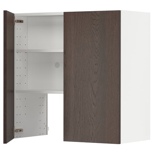 Modern dark brown kitchen cabinet with adjustable shelves, one open door revealing white interior.