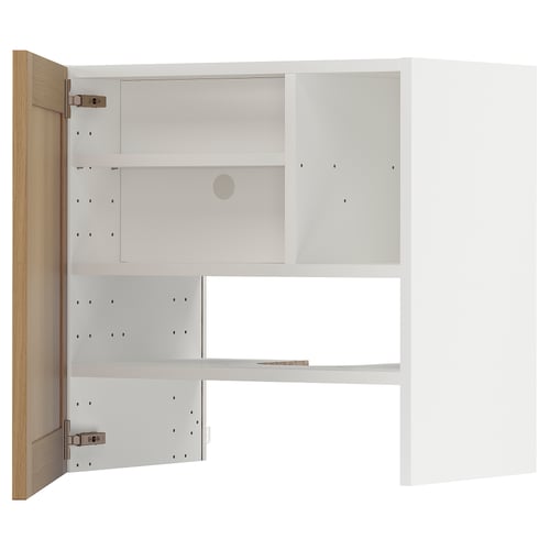 A white METOD kitchen cabinet with an oak door open, revealing adjustable shelves.
