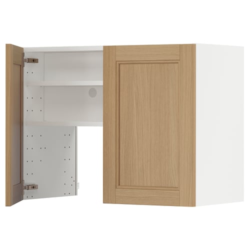METOD kitchen cabinet in oak. Two-tone design with adjustable shelves, shown open and closed.
