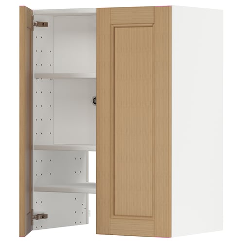 A light wooden METOD cabinet with an open door, revealing two shelves inside.