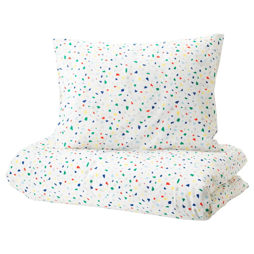 Colourful terrazzo bedding set featuring multicoloured squares on white, made of cotton.