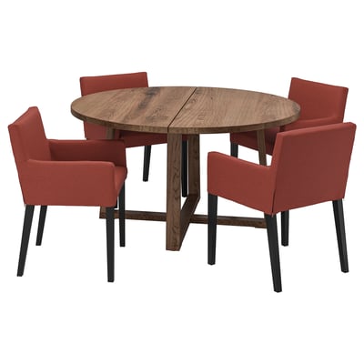 MÖRBYLÅNGA / MÅRENÄS Table and 4 chairs with armrests, oak veneer black/Gunnared red-brown, 145 cm