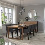 MÖRBYLÅNGA / MÅRENÄS Table and 6 armchairs, oak veneer brown stained/black Gunnared dark grey, 220 cm