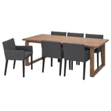 MÖRBYLÅNGA / MÅRENÄS Table and 6 armchairs, oak veneer brown stained/black Gunnared dark grey, 220 cm