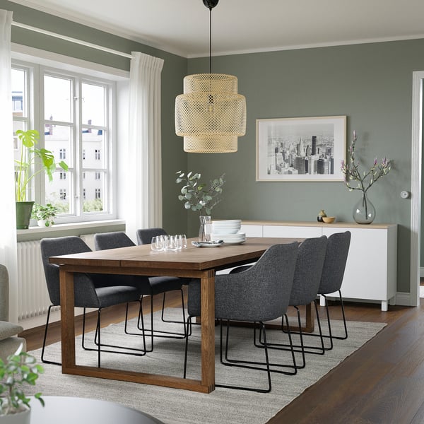 MÖRBYLÅNGA / TOSSBERG Table and 6 chairs, oak veneer brown stained/Gunnared dark grey black, 220x100 cm