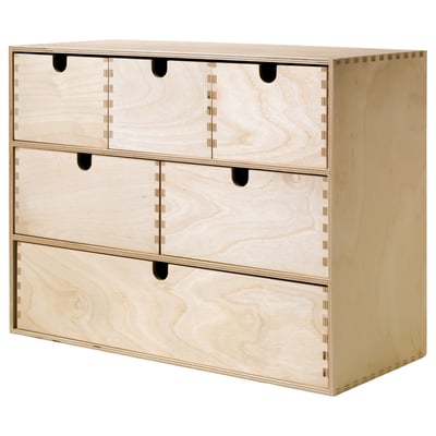A MOPPE mini chest of drawers, natural-colored, rectangular, made of birch plywood with multiple drawers.