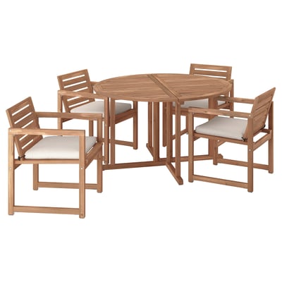 NÄMMARÖ Table+4 chairs w armrests, outdoor, light brown stained/Frösön/Duvholmen beige, 130 cm