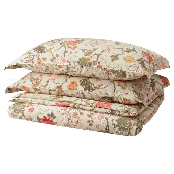 NÄSSELKLOCKA Duvet cover and 2 pillowcases, light grey-beige/multicolour, 240x220/50x80 cm