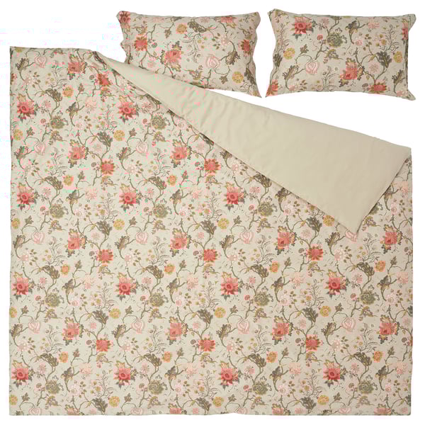 NÄSSELKLOCKA Duvet cover and 2 pillowcases, light grey-beige/multicolour, 240x220/50x80 cm