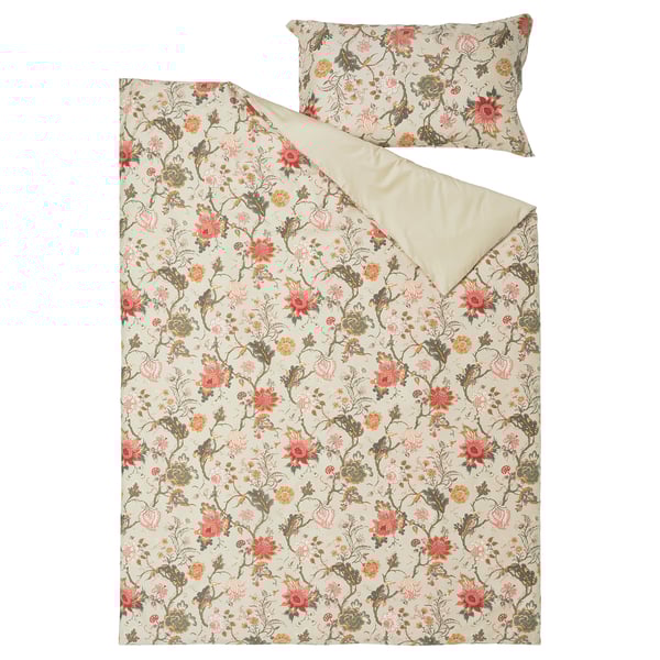 NÄSSELKLOCKA Duvet cover and pillowcase, light grey-beige/multicolour, 150x200/50x80 cm