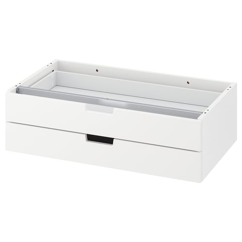 A white NORDLI chest of drawers with two drawers. It has a modern, rectangular design and is made of fiberboard and particleboard.