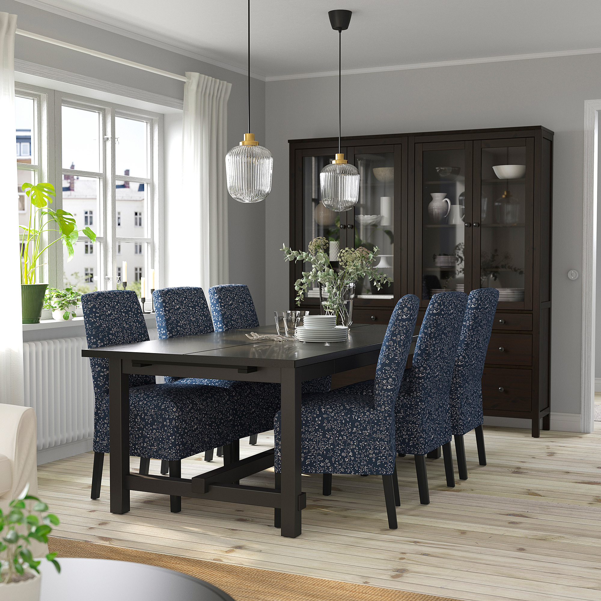NORDVIKEN / BERGMUND Table and 6 chairs, black/Ryrane dark blue, 210/289 cm
