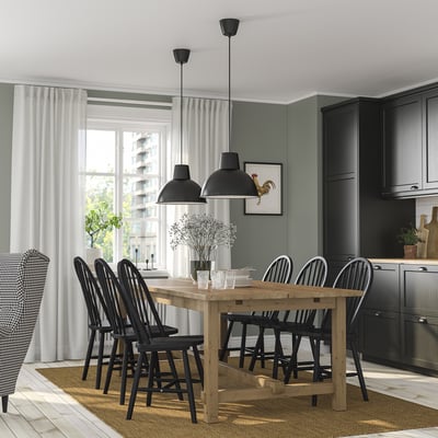 NORDVIKEN / SKOGSTA Table and 6 chairs, antique stain/black, 210/289 cm