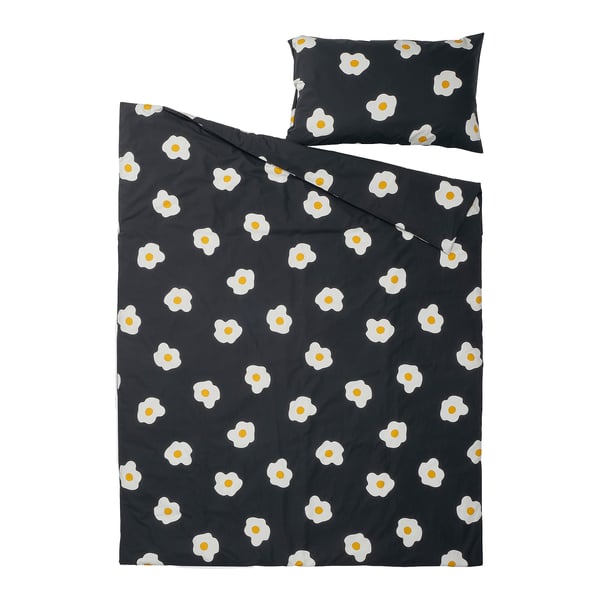 ÖGONLOCKSMAL Duvet cover and pillowcase, black/white/yellow, 150x200/50x80 cm