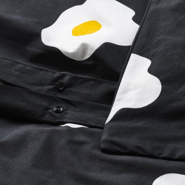 ÖGONLOCKSMAL Duvet cover and pillowcase, black/white/yellow, 150x200/50x80 cm