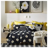 ÖGONLOCKSMAL Duvet cover and pillowcase, black/white/yellow, 150x200/50x80 cm