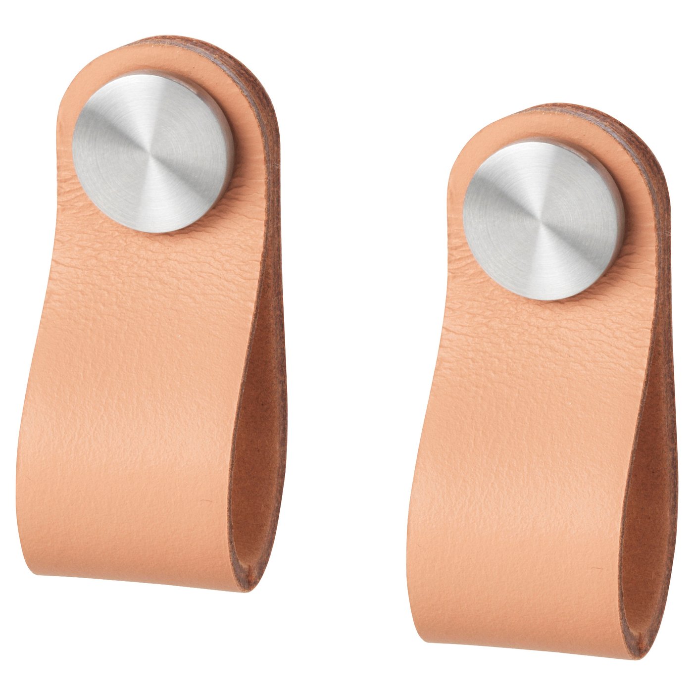 Two light brown leather loops with silver circular handles, designed for hanging.