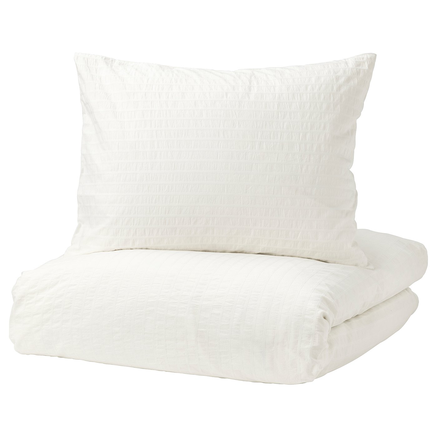 OFELIA VASS white duvet set, featuring crinkled cotton texture, crisp feel, envelope closure, plastic press-stud.