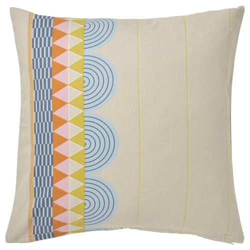 OMMJÄNGE cushion, cream with multi-colored triangles, lines, and circles, geometric design on cotton.