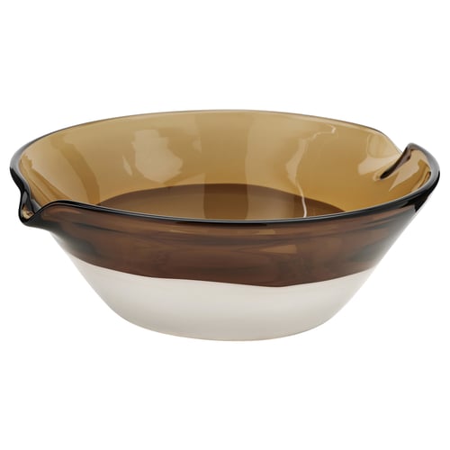Ommainge bowl: brown-tinted glass, round, handles, handcrafted, unique patterns.