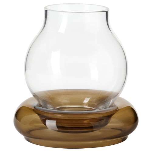 Mmjänge tealight holder, clear glass top, brown base, round shape, swedish folk art design.