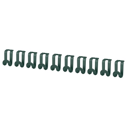 A set of 10 dark green plastic hanging connectors shaped like us, designed to maximise wardrobe space and organisation.