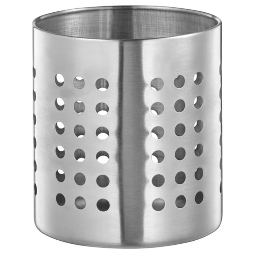 A silver ORDNING stainless-steel utensil holder with a cylindrical shape and evenly spaced circular holes. Its designed for kitchen storage.