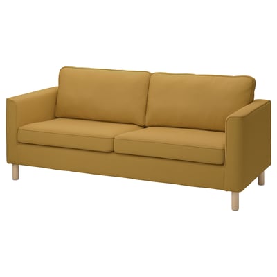 Pårup: mustard yellow sofa, modern design, soft fabric, wooden legs, comfortable.