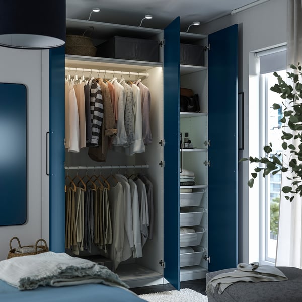 PAX / FYRUDDEN Wardrobe combination, white/blue, 150x58x236 cm