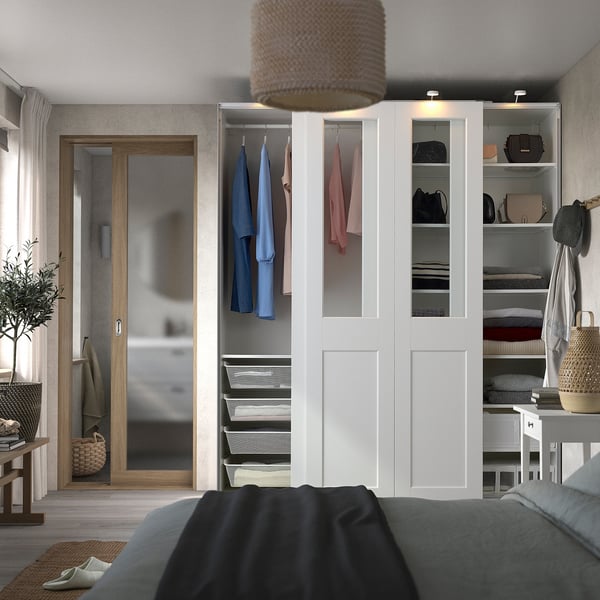 PAX / GRIMO Wardrobe with sliding doors, white/clear glass white, 200x66x236 cm