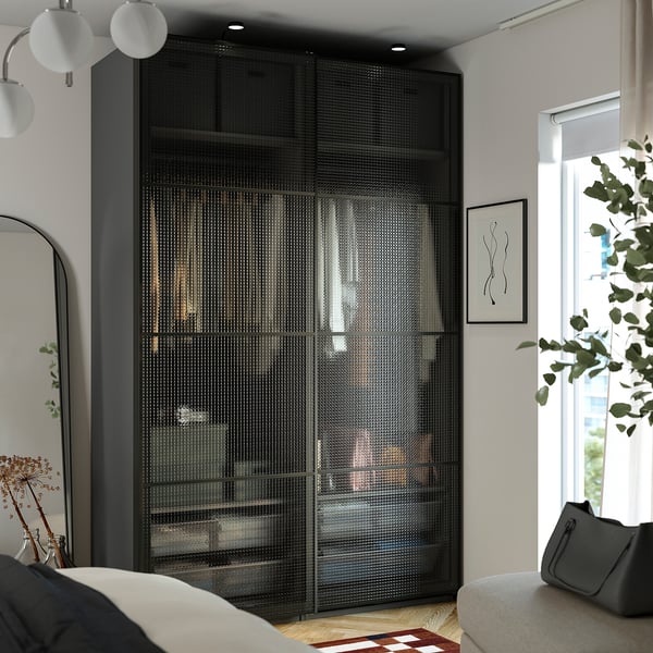 PAX / LUNDBRÄSMA Wardrobe with sliding doors, dark grey black/checkered glass, 150x66x236 cm
