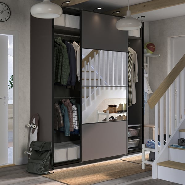 PAX / MEHAMN/AULI Wardrobe combination, dark grey double sided/dark grey mirror glass, 200x66x236 cm