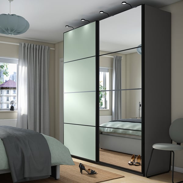 PAX / MEHAMN/AULI Wardrobe with sliding doors, dark grey double sided/light green mirror glass, 200x66x236 cm
