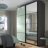 PAX / MEHAMN/AULI Wardrobe with sliding doors, dark grey double sided/light green mirror glass, 200x66x236 cm