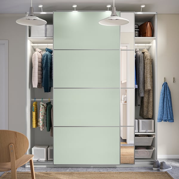 PAX / MEHAMN/AULI Wardrobe with sliding doors, white double sided/light green mirror glass, 200x66x236 cm