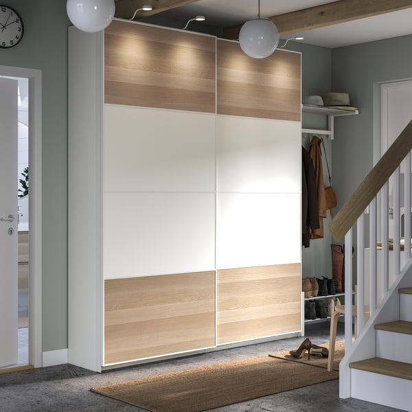 PAX / MEHAMN Wardrobe combination, white double sided/white white stained oak effect, 200x43x236 cm
