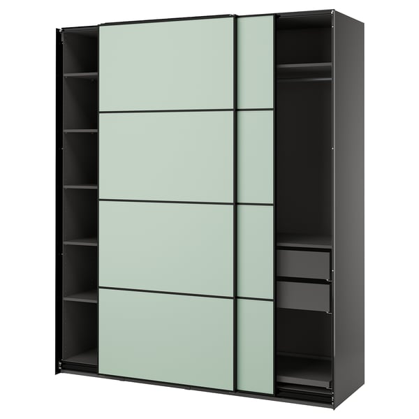 PAX / MEHAMN Wardrobe with sliding doors, dark grey/double sided light green, 200x66x236 cm
