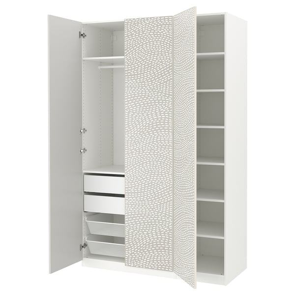 A white PAX wardrobe with open doors, revealing shelves and drawers. It has a modern design with a white wavy pattern on the doors.