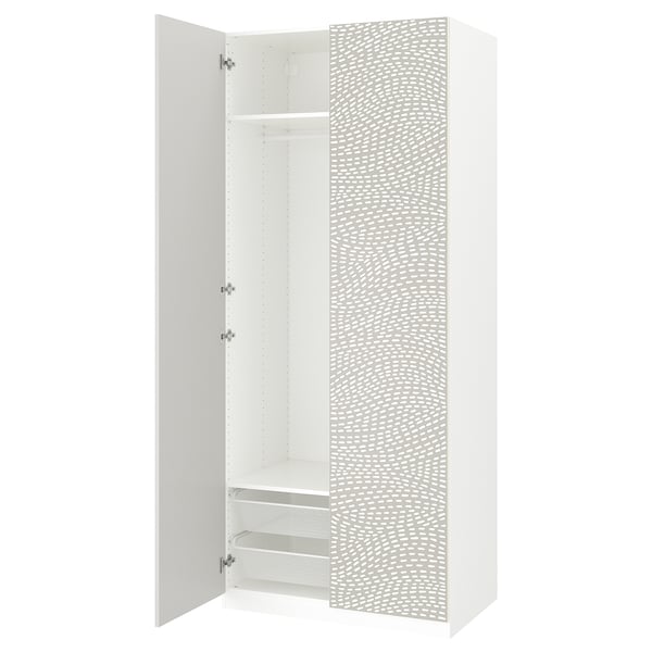 A white PAX wardrobe with one door open, revealing shelves and a hanging rod inside.