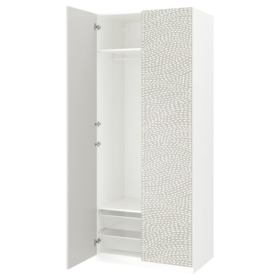 A white PAX wardrobe with one door open, revealing shelves and a hanging rod inside.